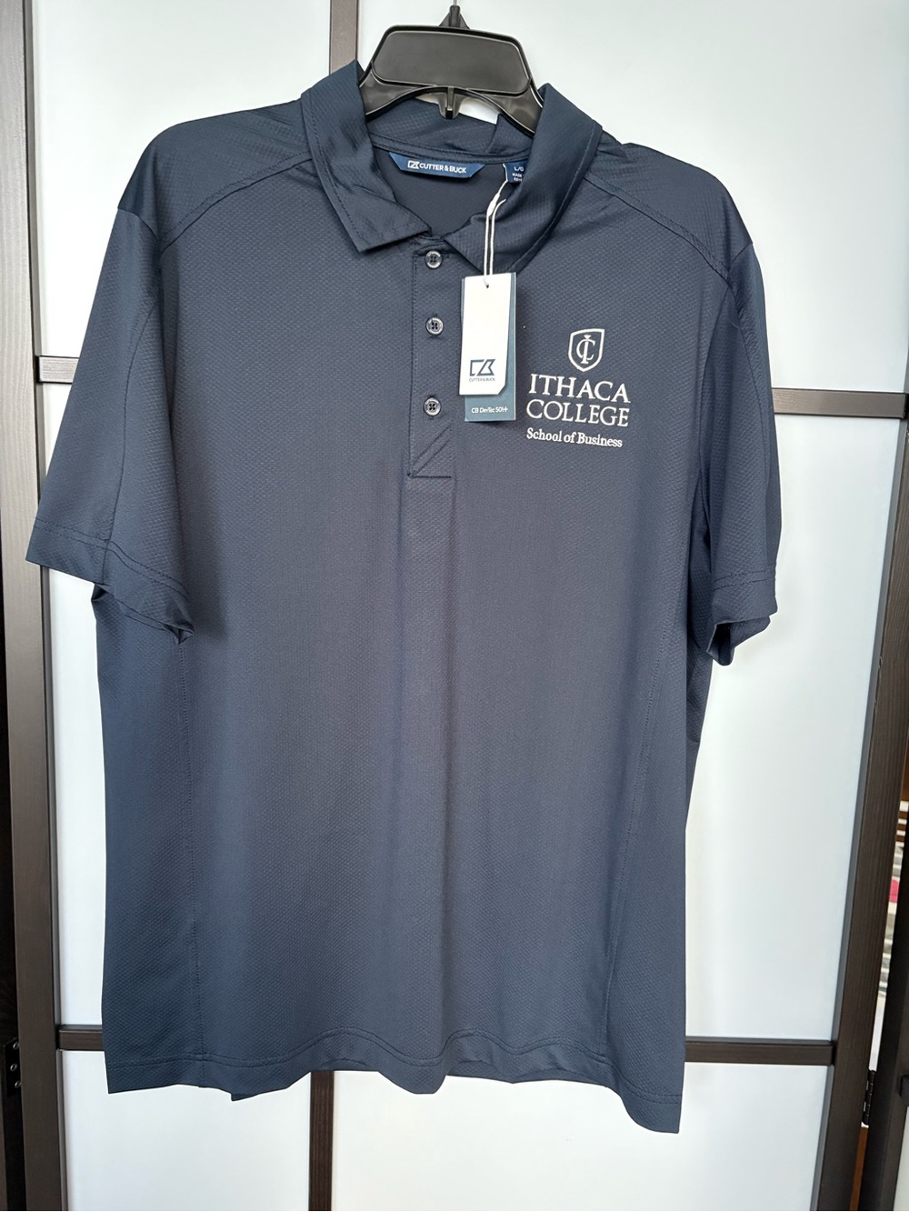NWT Cutter & Buck DryTec Navy Performance Polo Shirt LG Ithaca College Golf